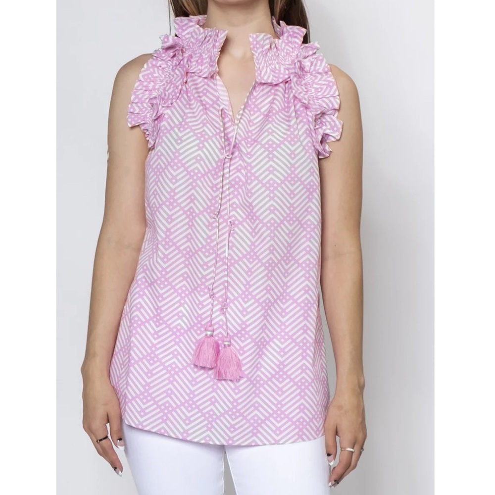 Carvalho Couture Ruffle Sleeveless Top, pink and white print, size XL. NWT